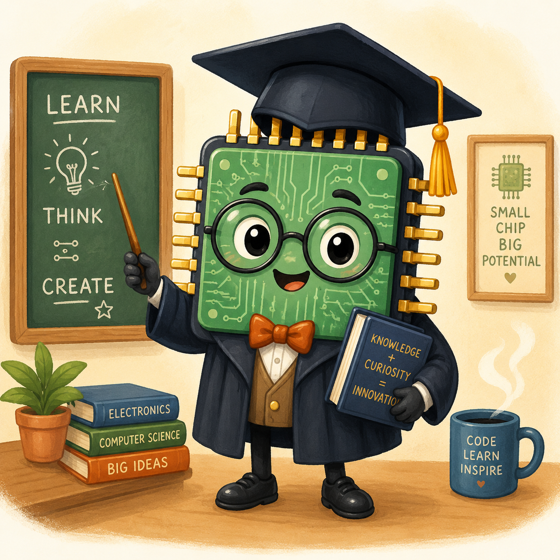Professor Madison, the cheerful chip professor mascot for Tech the Uninformed.